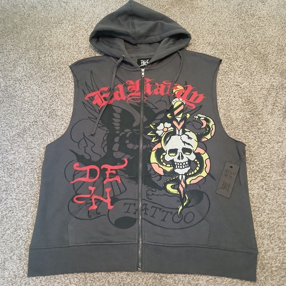 Ed Hardy Skull / Dagger / Panther Full Zip Y2K Sleeveless Hoodie Men's Large NWT - Picture 1 of 7
